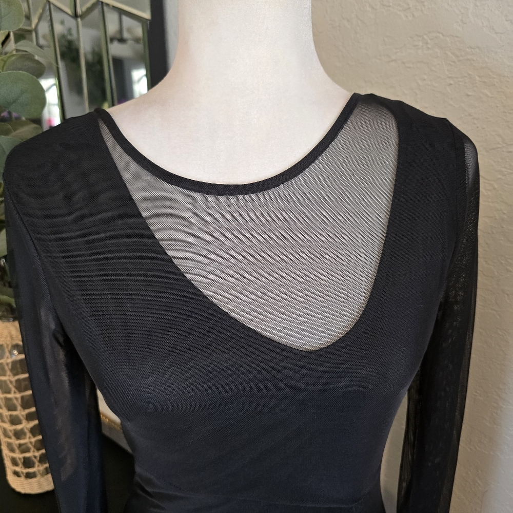 Bebe Women's Black Long Sleeve Mesh Ruched Bodycon Dress M - Picture 5 of 9